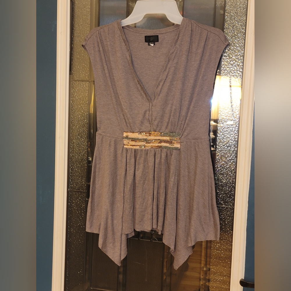 Deletta Gray Draped Top with Metallic Beading